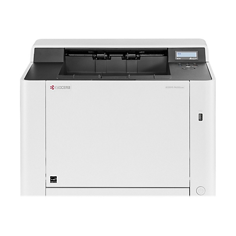 Weißer Kyocera Drucker, Modell ECOSYS PA2100cx, mit schwarzem Deckel und kleinem Display. Energiestar-Logo unten links.