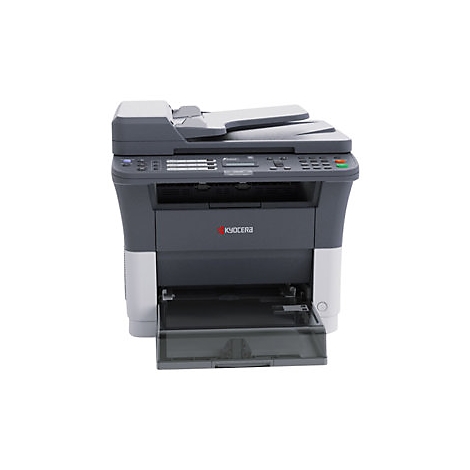 Grau-weiÃŸer Drucker mit offenem Papierfach. Kyocera-Logo. Bedienfeld mit KnÃ¶pfen und Display.