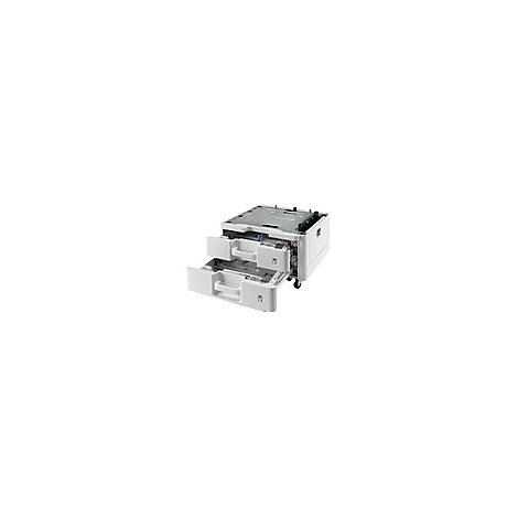 Ein Drucker mit herausgezogenen Papierfächern, vor weißem Hintergrund.