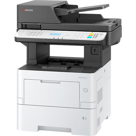 Une imprimante multifonction Kyocera noire et blanche avec un chargeur de documents ouvert. Panneau de commande avec boutons et écran bleu.