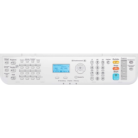 Gros plan sur le panneau de commande d'une imprimante multifonction blanche avec des boutons, des touches et un écran bleu.