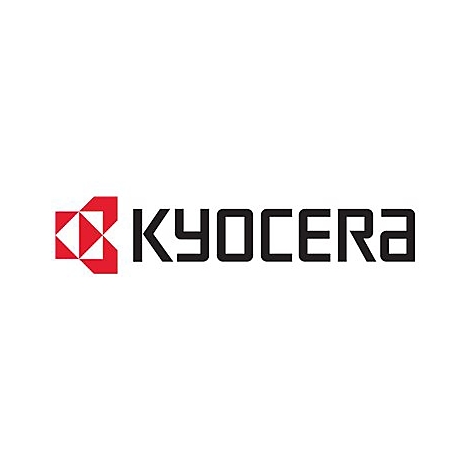 Kyocera-Logo. Rotes abstraktes Muster links, schwarzer Schriftzug rechts.