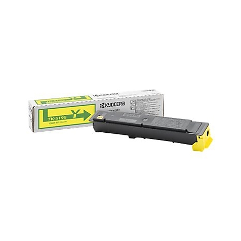 Gelbe Tonerkartusche TK-5195 von Kyocera. Auf der Verpackung steht "Toner Kit Yellow".