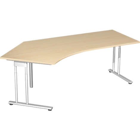A light-colored wooden desk with silver legs, in an unusual shape. The rectangular tabletop is curved.
