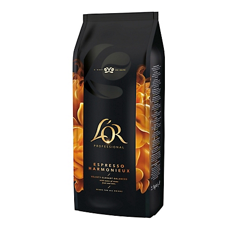 Paquet de café noir avec lettrage doré. Inscription: L'OR PROFESSIONAL ESPRESSO HARMONIEUX. Graphique jaune-orange.