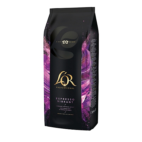 Paquet de café noir avec logo et texte dorés. Dégradés violets en arrière-plan. Inscription : Espresso Vibrant.