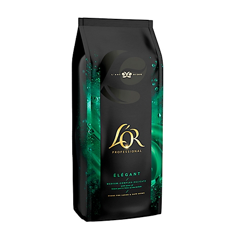 Zwarte koffieverpakking met gouden letters L'OR. Inscriptie "ELEGANT". Groene gradiënt en details van koffiebonen.