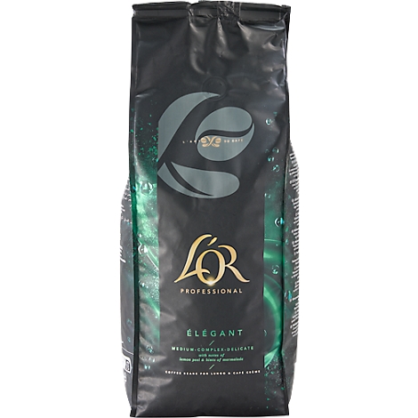 Schwarze Kaffeetüte mit goldenem Schriftzug „L'OR“. Aufschrift „Élégant“, „PROFESSIONAL“ und „MEDIUM-COMPLEX DELICATE“.