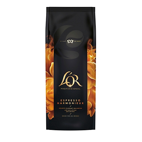 Schwarzer Kaffeepackung mit goldenem Schriftzug L'OR, Espresso Harmonieux. Goldene Rauch-Details.