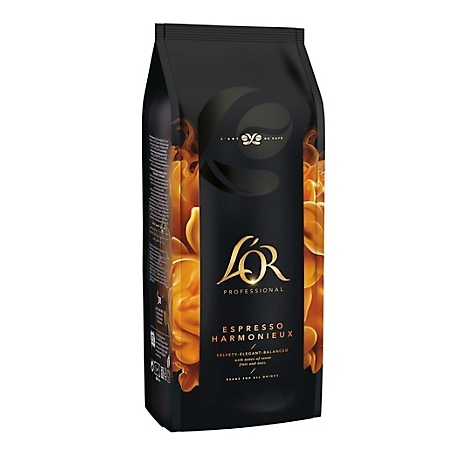 Schwarzer Kaffeepackung LOR, Espresso Harmonieux. Goldene Schrift, goldene Kaffeebohnen im Hintergrund.