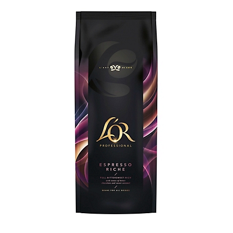Schwarze Kaffeepackung mit goldenem Logo und der Aufschrift „Espresso Riche“. Lila und braune Akzente umranden das Logo.