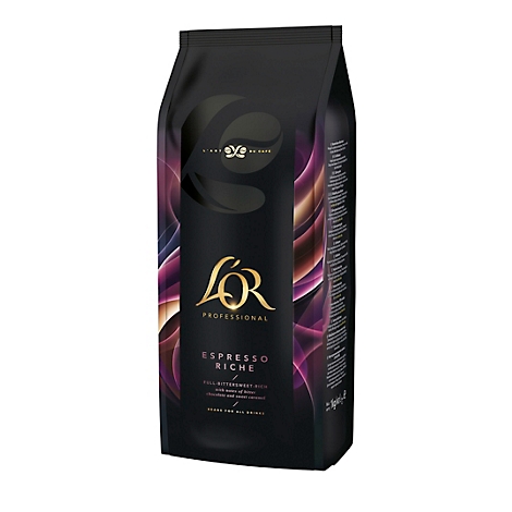 Schwarzer Kaffeebeutel, LOR Espresso Riche, goldene Schrift. Dunkle Farbverläufe.