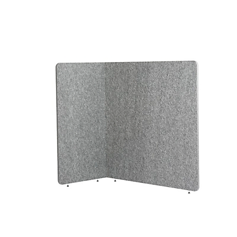 Grey, foldable partition, felt-like material, rounded corners, stands on small feet.