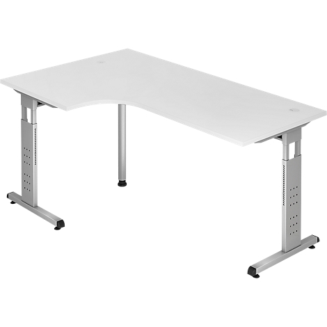 A white corner desk with height-adjustable legs. The tabletop has rounded corners and stands on silver metal legs.