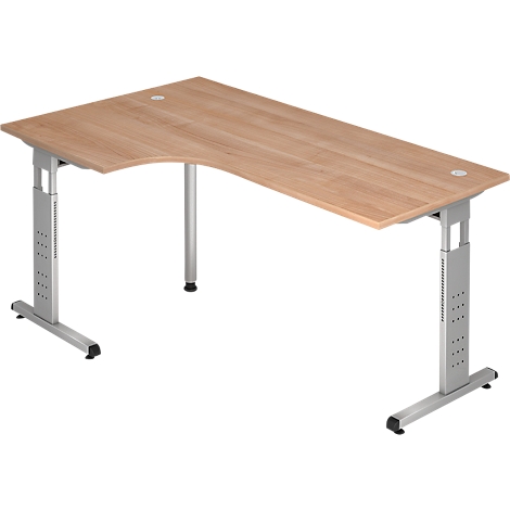 A light-colored corner desk with height-adjustable legs against a white background.