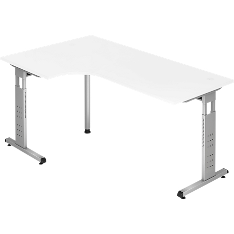 A white L-shaped desk with silver, height-adjustable legs. The desk is set against a white background.