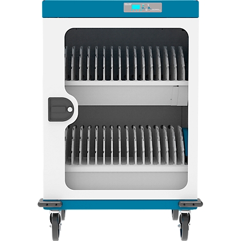 Witte kast met blauwe bovenkant en wielen. Binnenin compartimenten voor tablets.