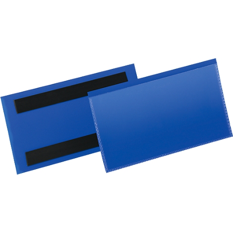 Two blue, rectangular magnetic boards with black magnetic stripes. One lies slightly over the other.