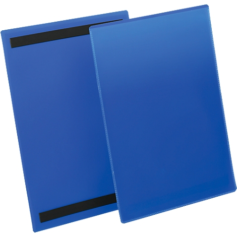 Two blue, rectangular magnetic boards overlap. Black magnetic strips are attached to the back.