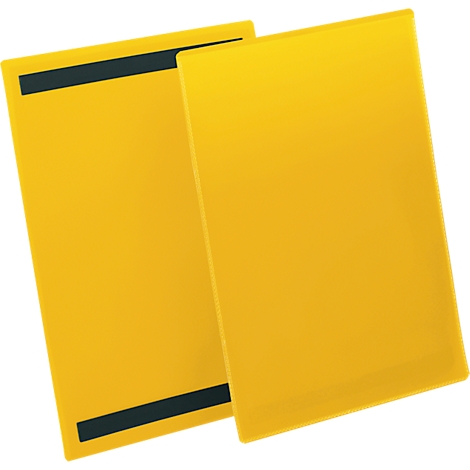 Two yellow, rectangular folders with black stripes on the top edge, slightly overlapping.