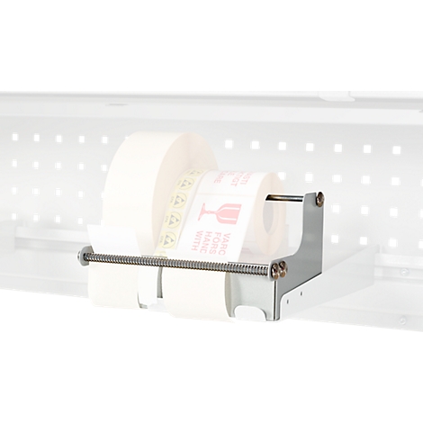 Label roll in a holder. Print: Fragile. Metal holder.