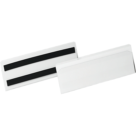 Two white name tags. One with two black magnetic strips on the back, the other without.