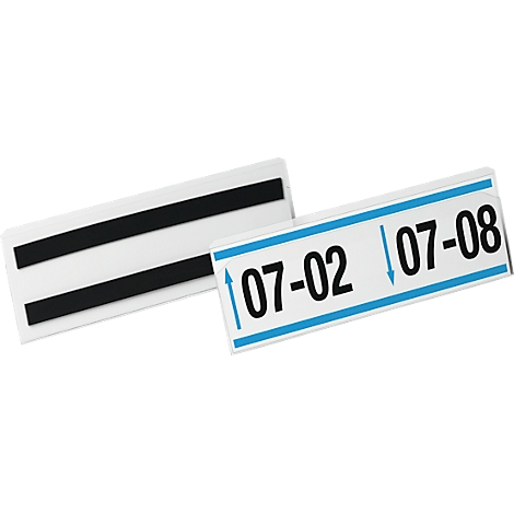 Two white signs with black text. One has black magnetic stripes. The other has blue lines and arrows with the numbers 07-02 and 07-08.