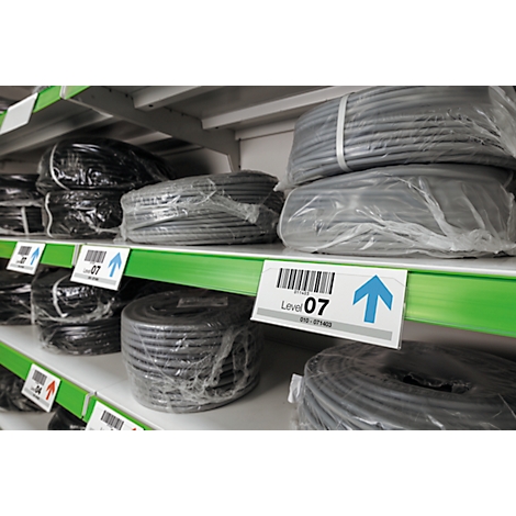 Spools of cable on shelves with barcode labels. One label reads "Level 07" with an upward arrow.