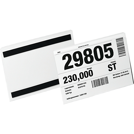Two white labels, one with a black barcode and numbers, the other with black magnetic stripes.