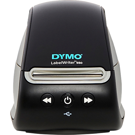 Dymo LabelWriter 550 label printer in black and grey, with logo and control buttons.