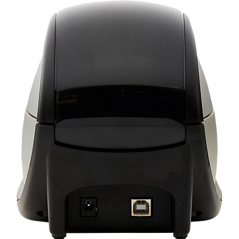 Black label printer with USB and power connectors. Housing glossy and curved.