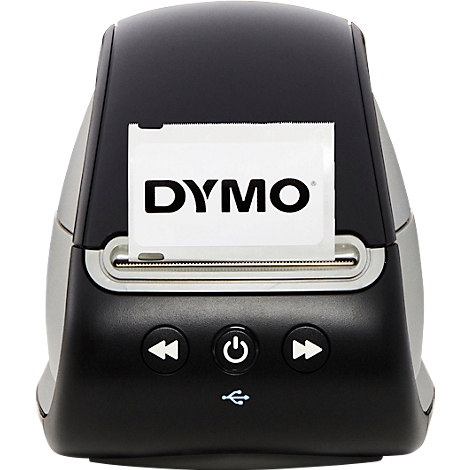 Label printer with "DYMO" logo. Black, silver casing. USB symbol. Forward and back buttons.