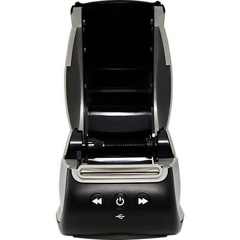 Front view of a label printer with the cover open. A black roller is under the cover and a set of buttons below.