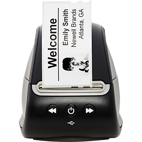 A name tag printer printing a name tag with "Welcome" and name.