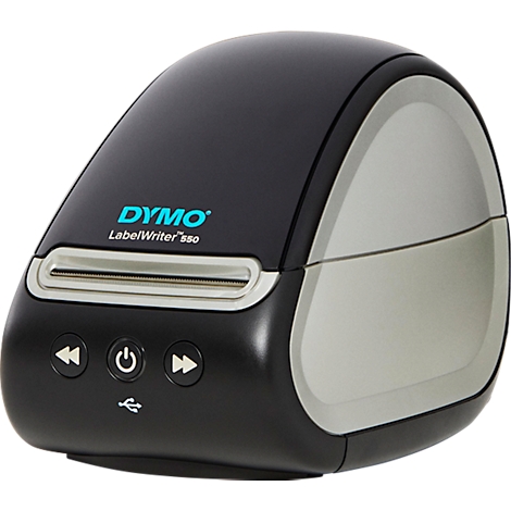 Black label printer with grey elements and the 'DYMO LabelWriter 550' logo.