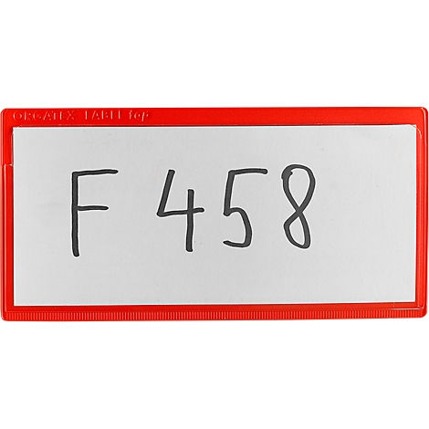 White sign with red frame. It says "F458" in black letters.