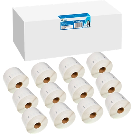 White label rolls arranged in front of a white box. There is a blue label with text on the box.