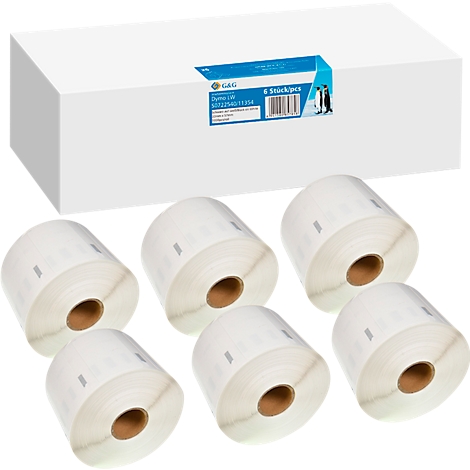 White box with label rolls and product label. Inscription: 6 Stück/pcs.