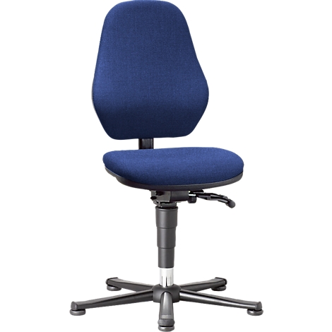 Blue office chair, ergonomically shaped. Seat, backrest and foot cross are visible.