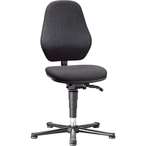Black office chair with fabric cover, height adjustable, on a gray background.