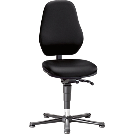 Black office chair, ergonomically shaped, adjustable in height and tilt.