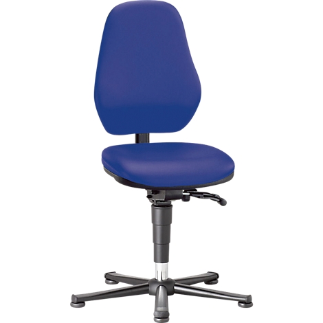 Blue, padded office chair on a black, star-shaped base. Seat height is adjustable.