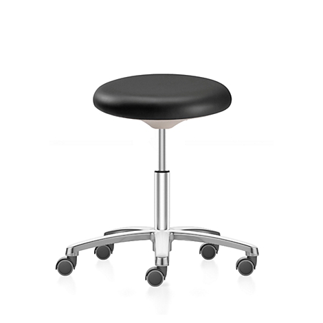 Black, round stool with silver frame and castors. The seat is upholstered.
