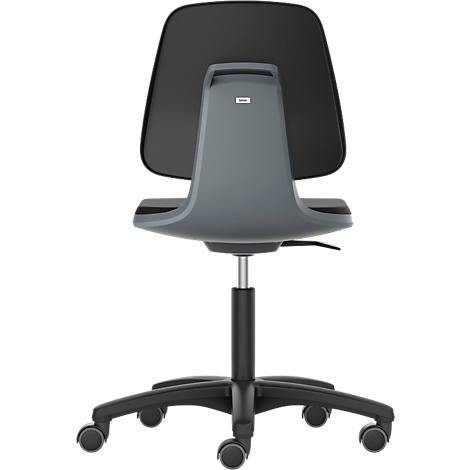Back view of an office chair. Gray seat and backrest. Black base with rollers.