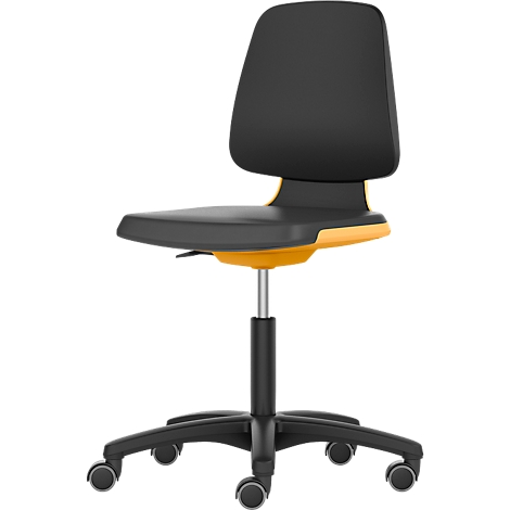 Black office chair with yellow accents. The chair has a backrest, seat and castors.