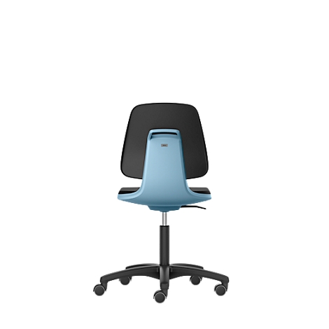 Back view of an office chair with a blue seat, black backrest and caster wheels.