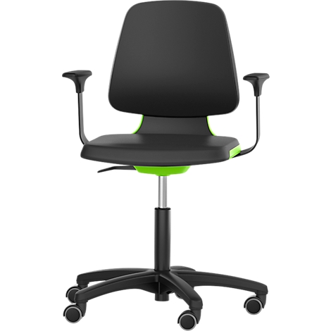 Black office chair with green accents, armrests, and castors. The chair stands against a neutral background.