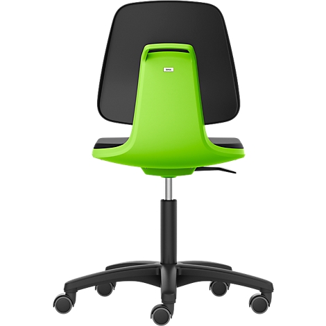 Green swivel chair, back view. Black backrest, green seat shell, black frame with castors.