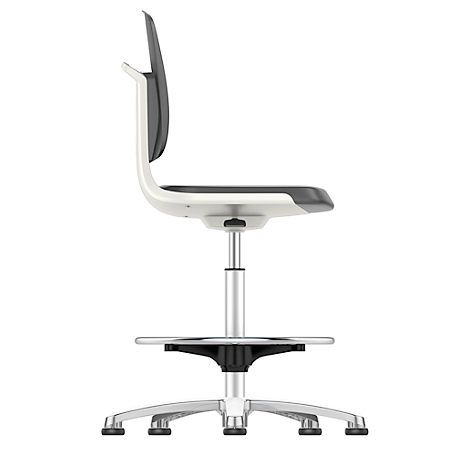 Office chair, side view. White frame, gray backrest and seat, silver column and footrest.