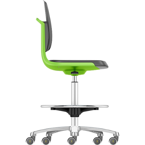 An ergonomic office chair in green, gray and silver from the side.